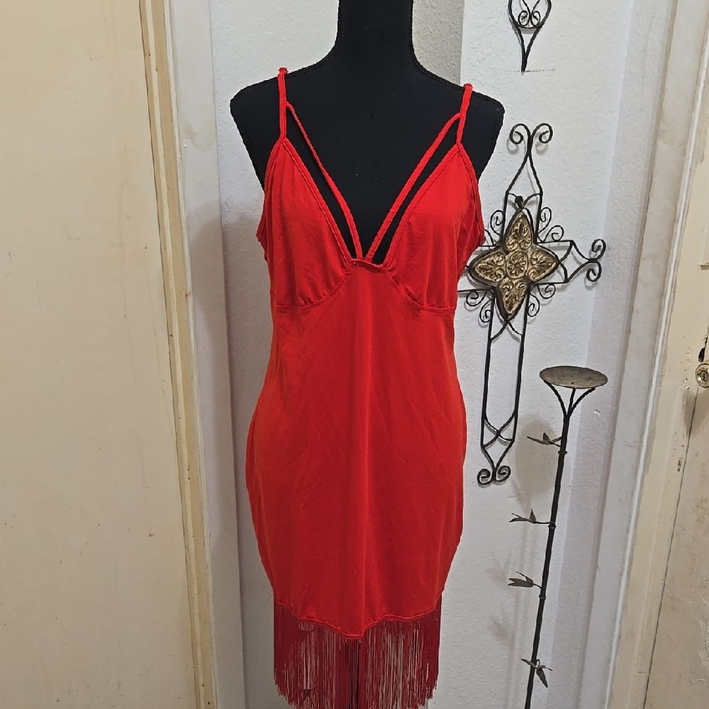 Luxurious Red Satin Chemise with Sheer Lace Hem